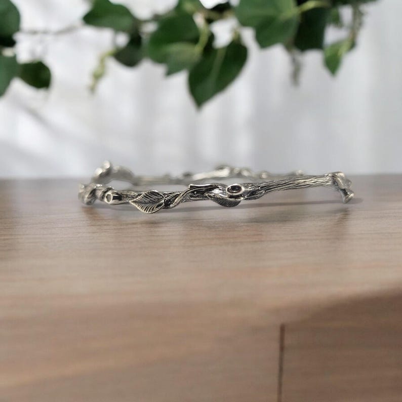 Leaf and Twig Bangle Bracelet in Sterling Silver