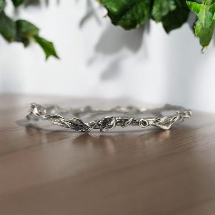 Leaf and Twig Bangle Bracelet in Sterling Silver