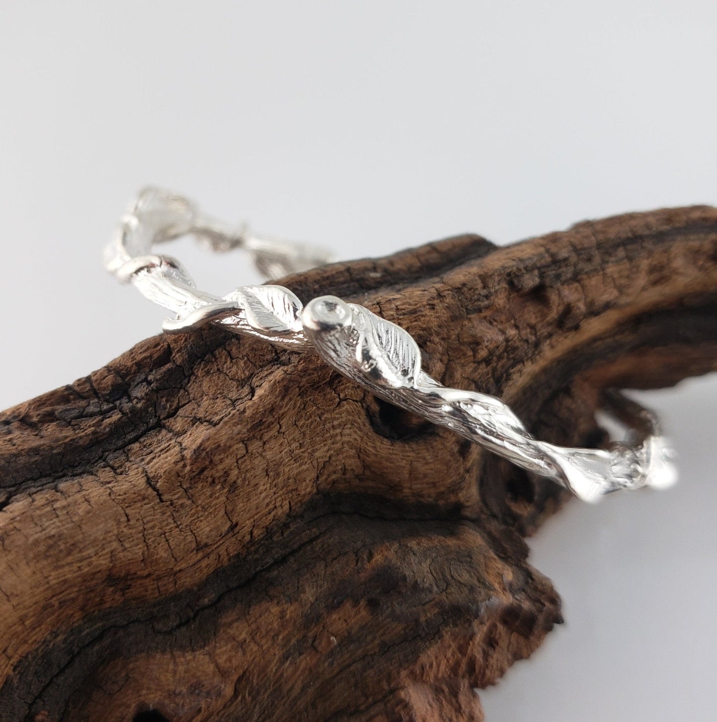 Leaf and Vine Twig Cuff Bracelet in Solid Gold