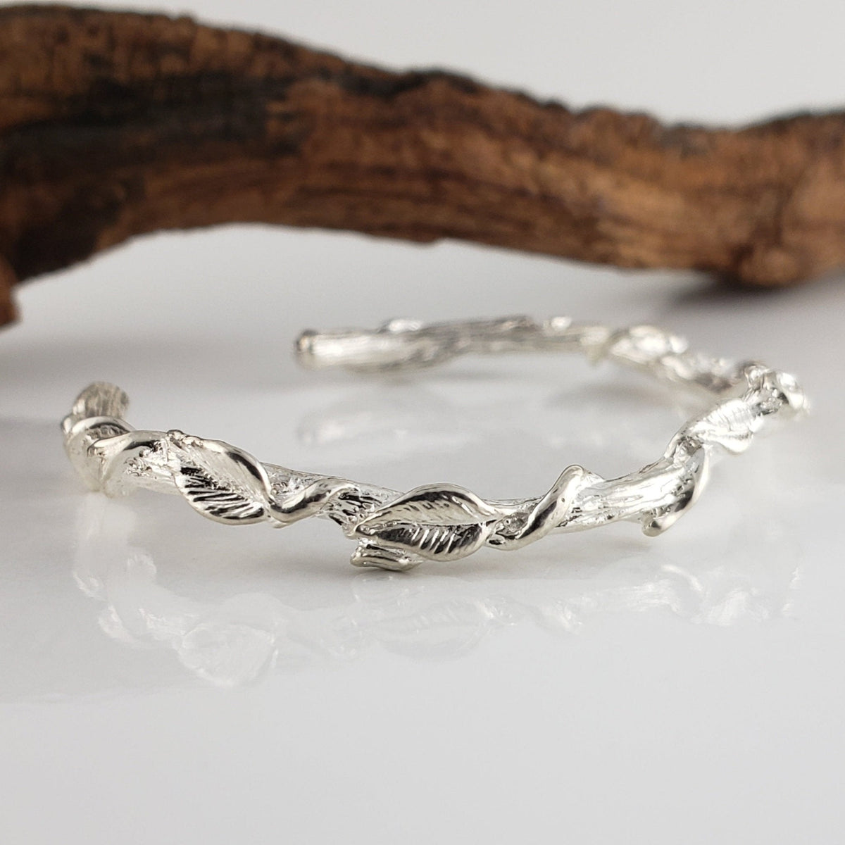 Leaf and Vine Twig Cuff Bracelet in Solid Gold