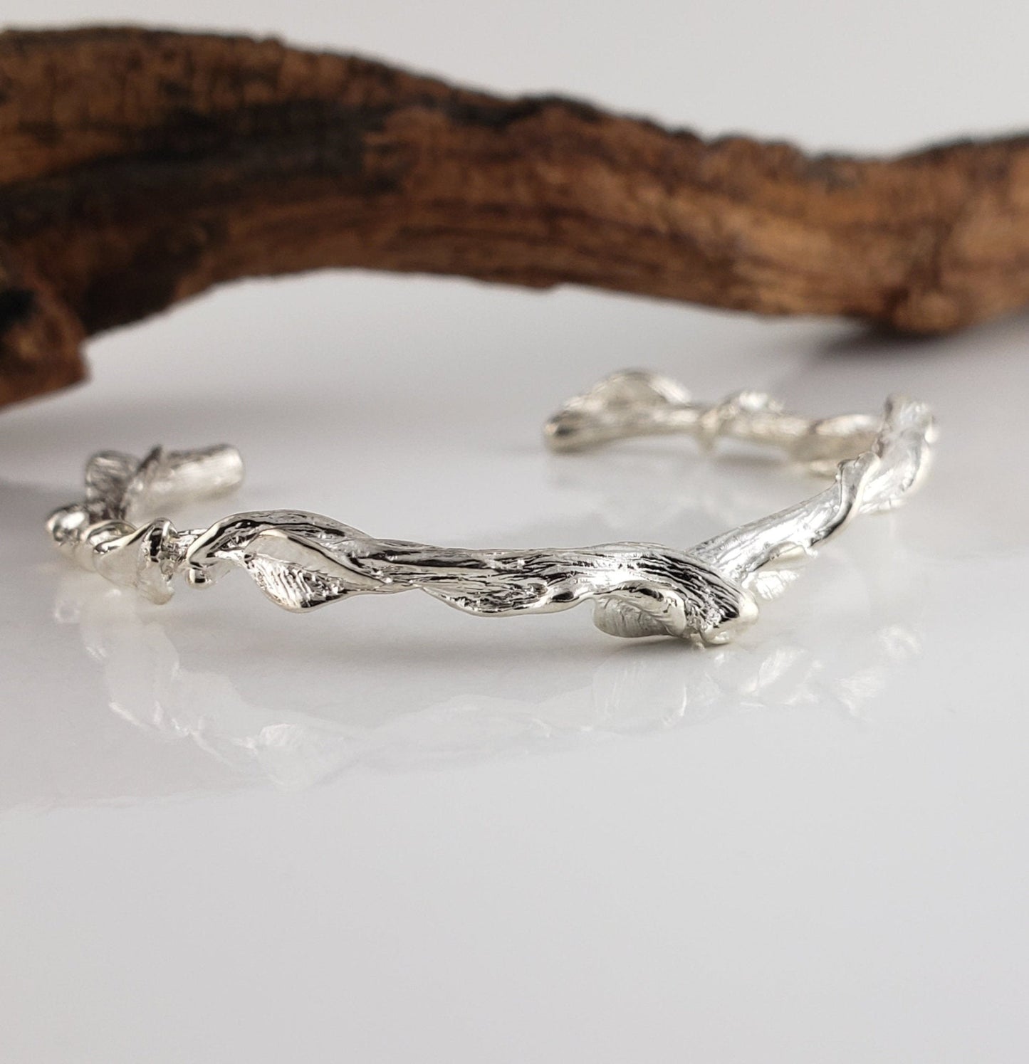 Leaf and Vine Twig Cuff Bracelet in Solid Gold
