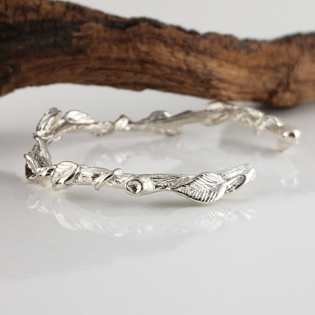 Leaf and Vine Twig Cuff Bracelet in Solid Gold