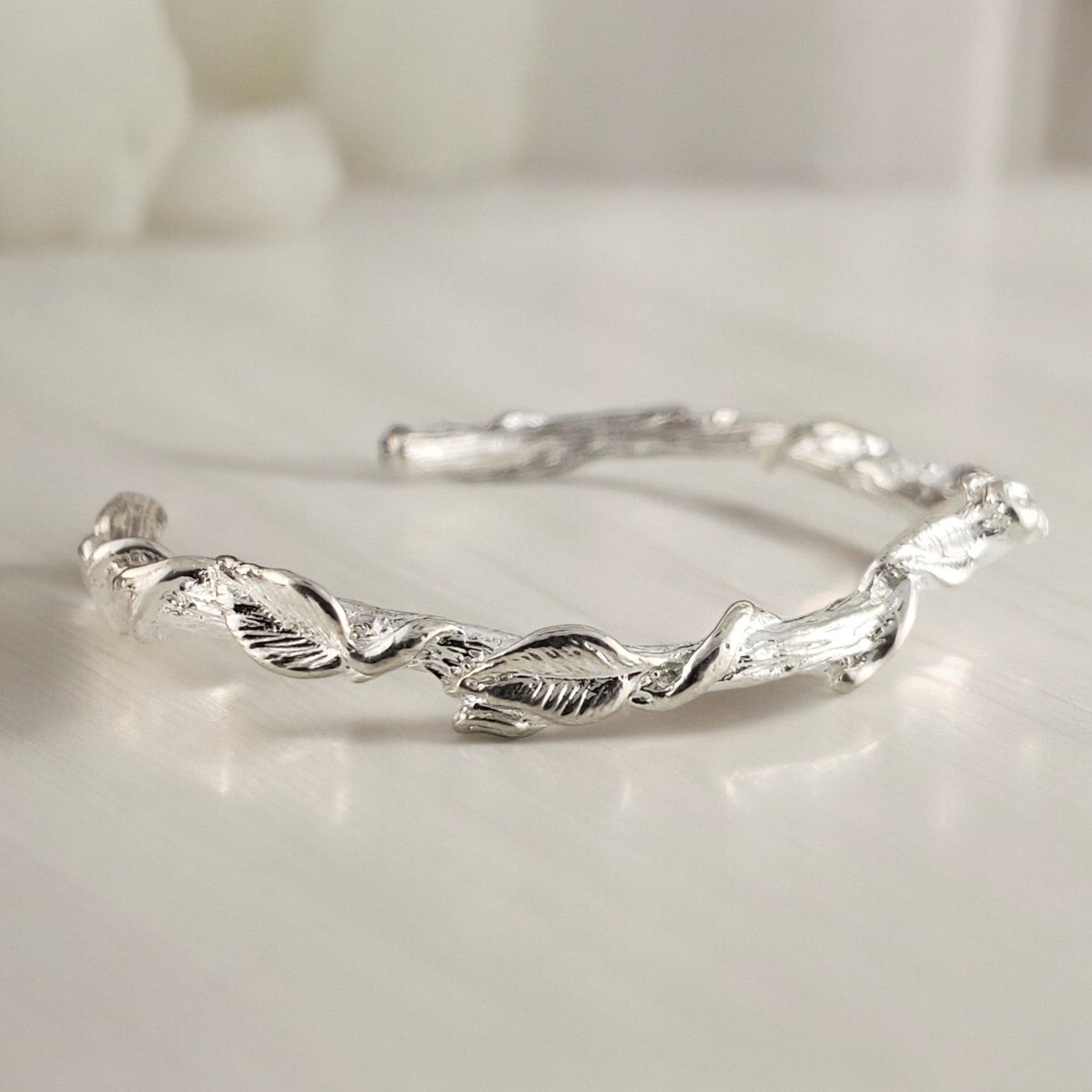 Leaf and Vine Twig Cuff Bracelet in Solid Gold