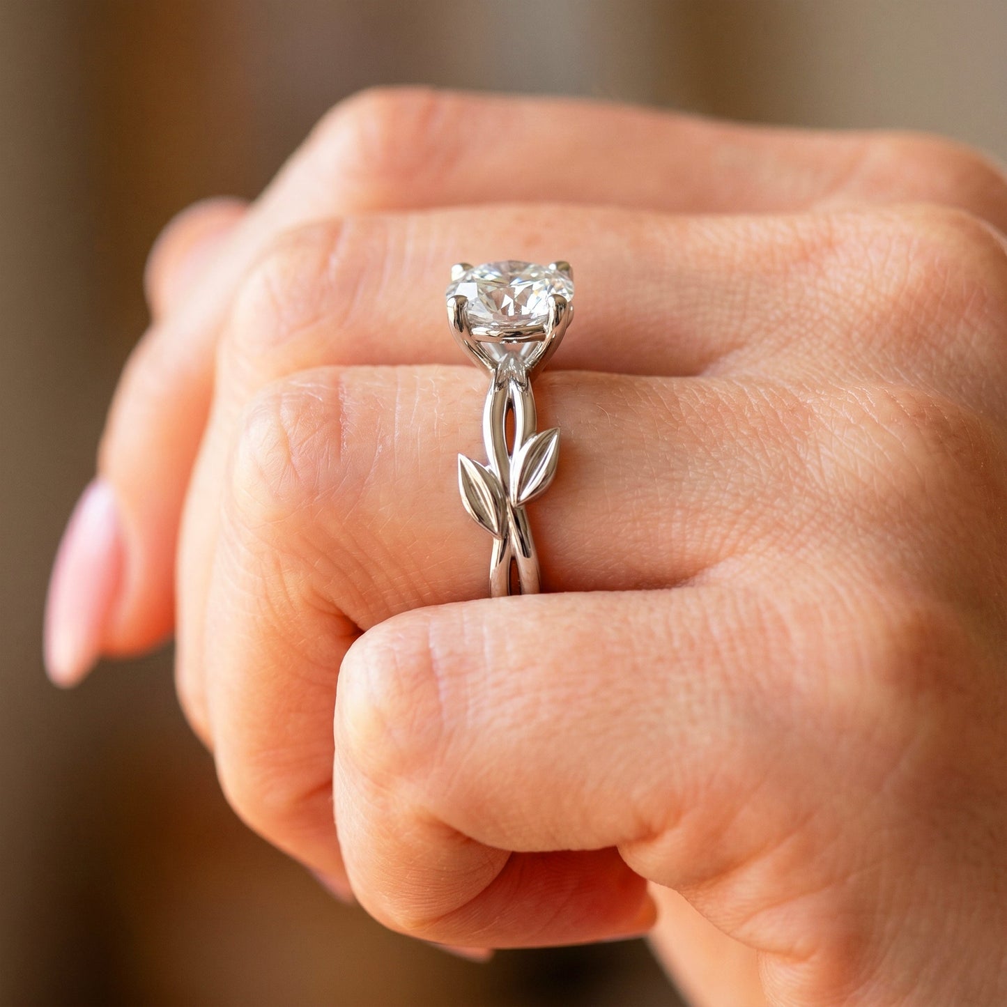 Nature Inspired Engagement Ring 1 Carat Round Lab Grown Diamond Leaf Wedding Ring IGI Certified