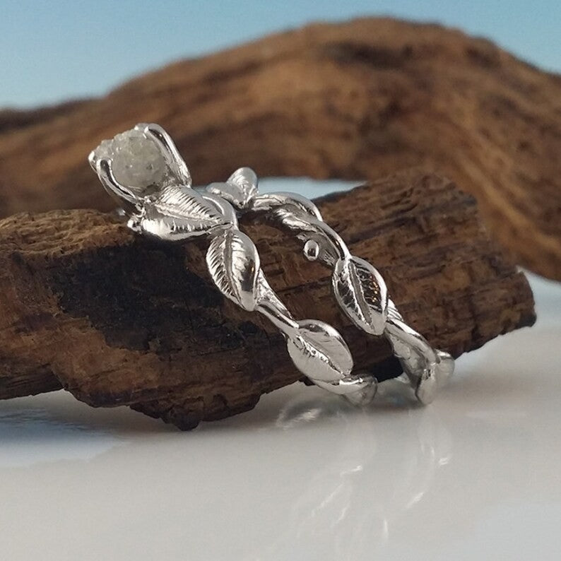 Raw Rough Diamond Leaf Bridal Set in Solid Gold