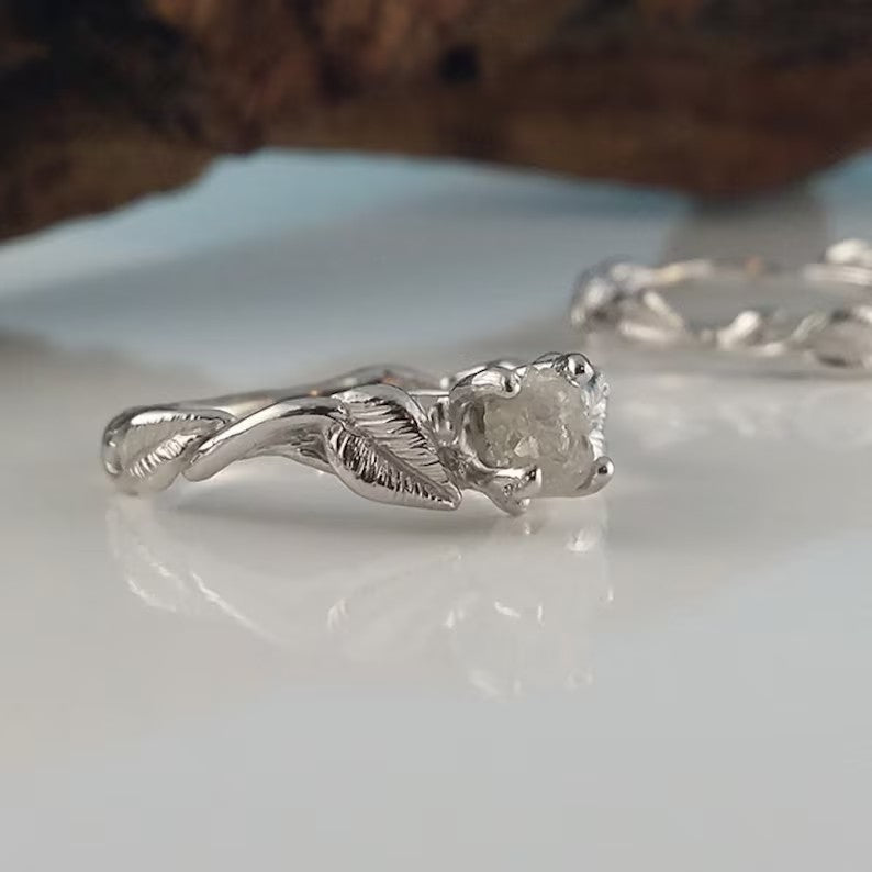 Raw Rough Diamond Leaf Bridal Set in Solid Gold