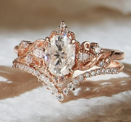 Oval Cut Moissanite Leaf Engagement Ring Set 2pcs