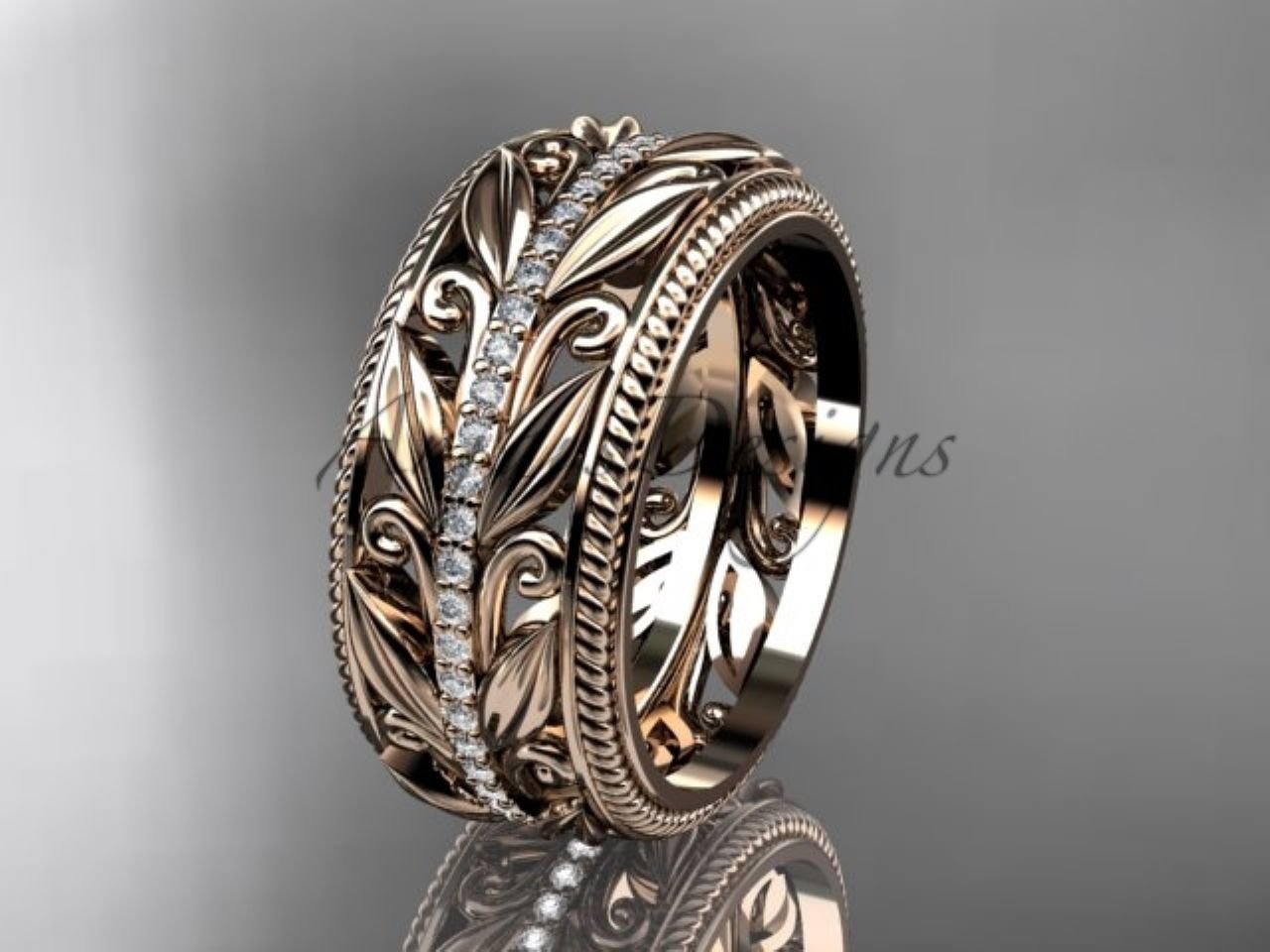 Unique 10mm Nature Inspired Wedding Band Lab Grown Diamond Wide Leaf Ring