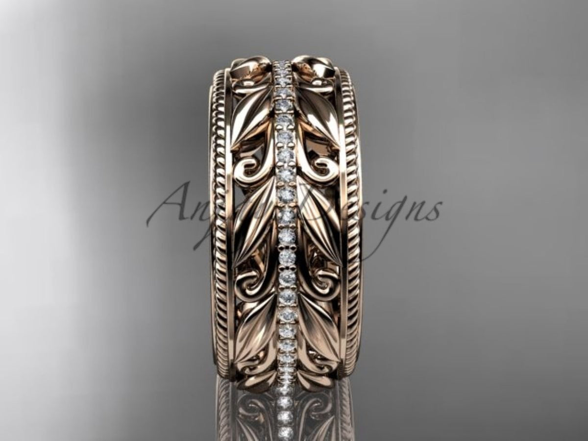 Unique 10mm Nature Inspired Wedding Band Lab Grown Diamond Wide Leaf Ring