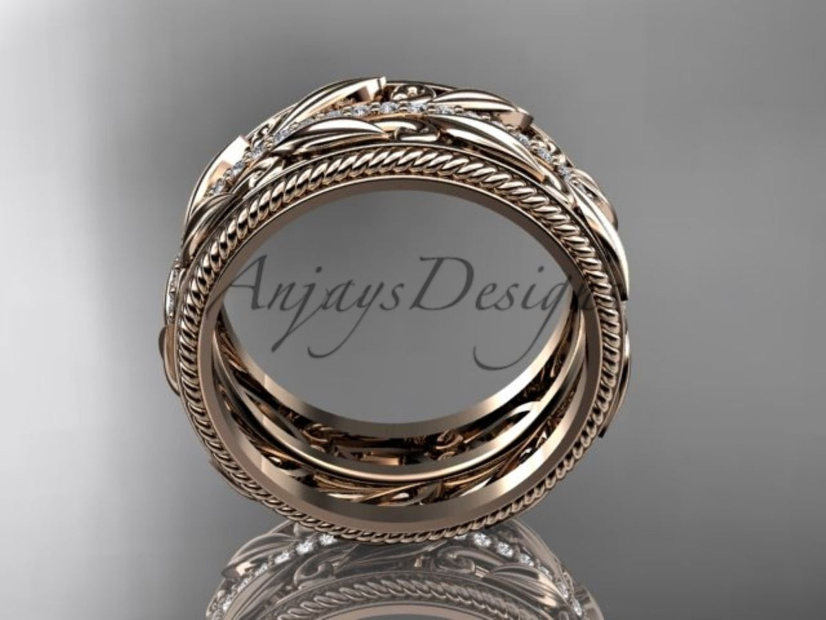 Unique 10mm Nature Inspired Wedding Band Lab Grown Diamond Wide Leaf Ring