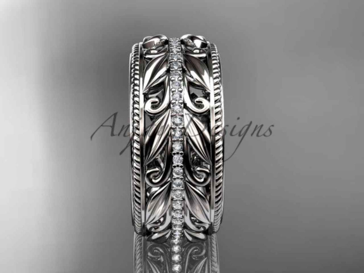 Unique 10mm Nature Inspired Wedding Band Lab Grown Diamond Wide Leaf Ring