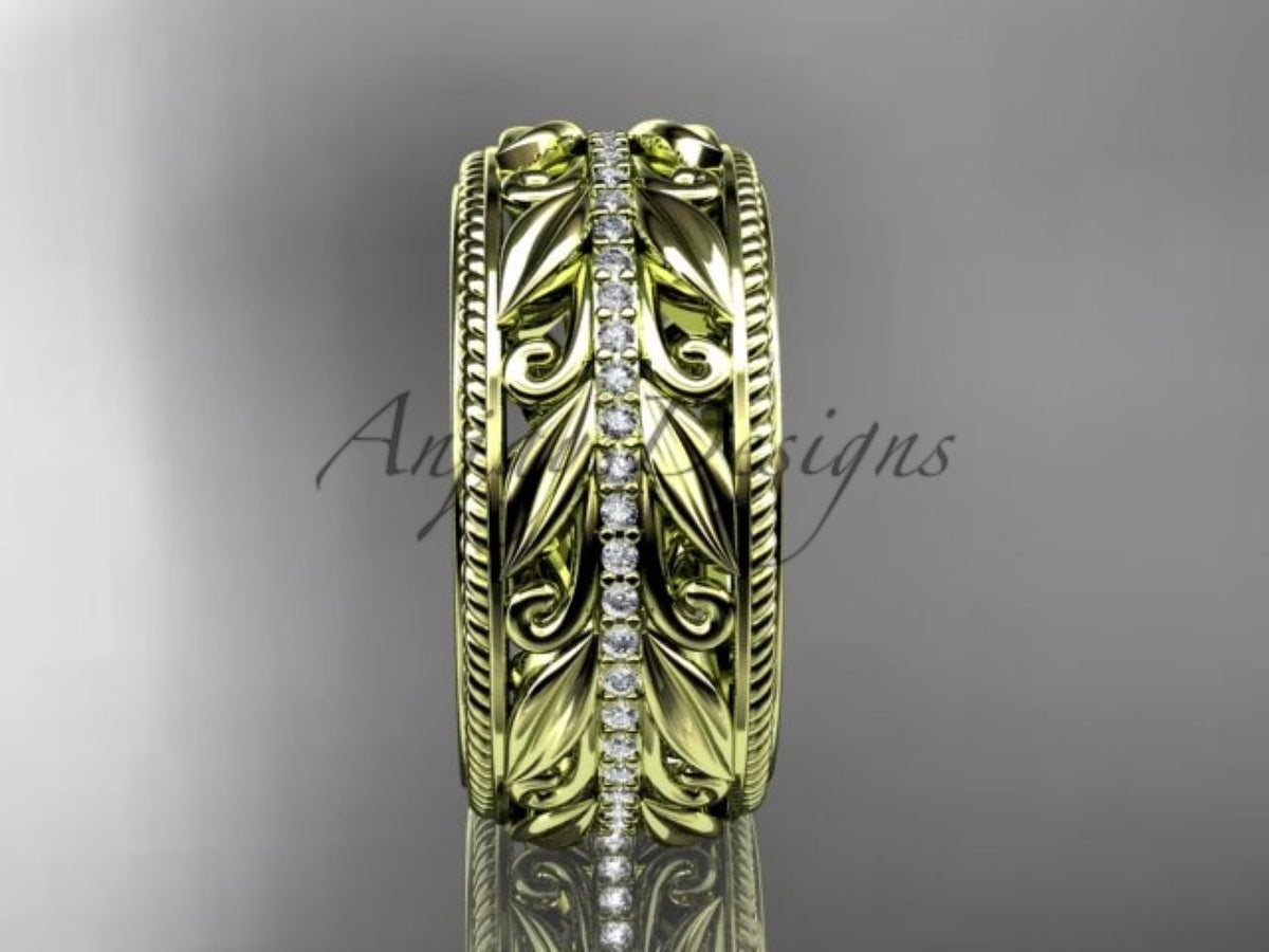 Unique 10mm Nature Inspired Wedding Band Lab Grown Diamond Wide Leaf Ring