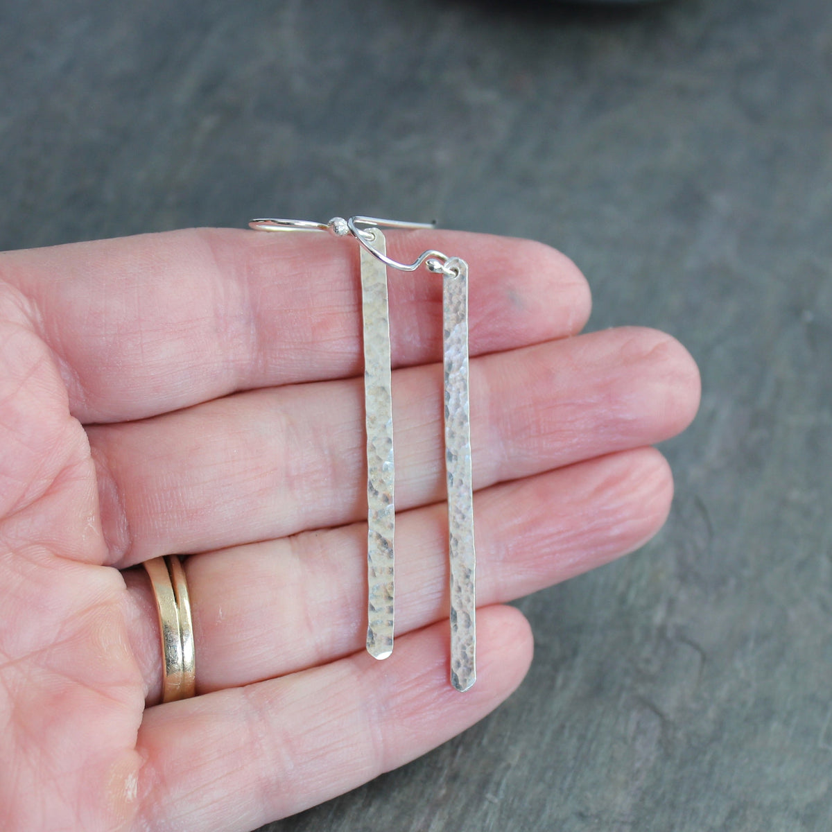 Long Hammered Bar Dangly Earrings | Sterling Silver | Handmade