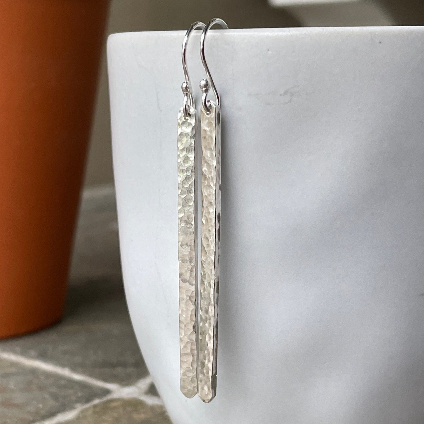 Long Hammered Bar Dangly Earrings | Sterling Silver | Handmade