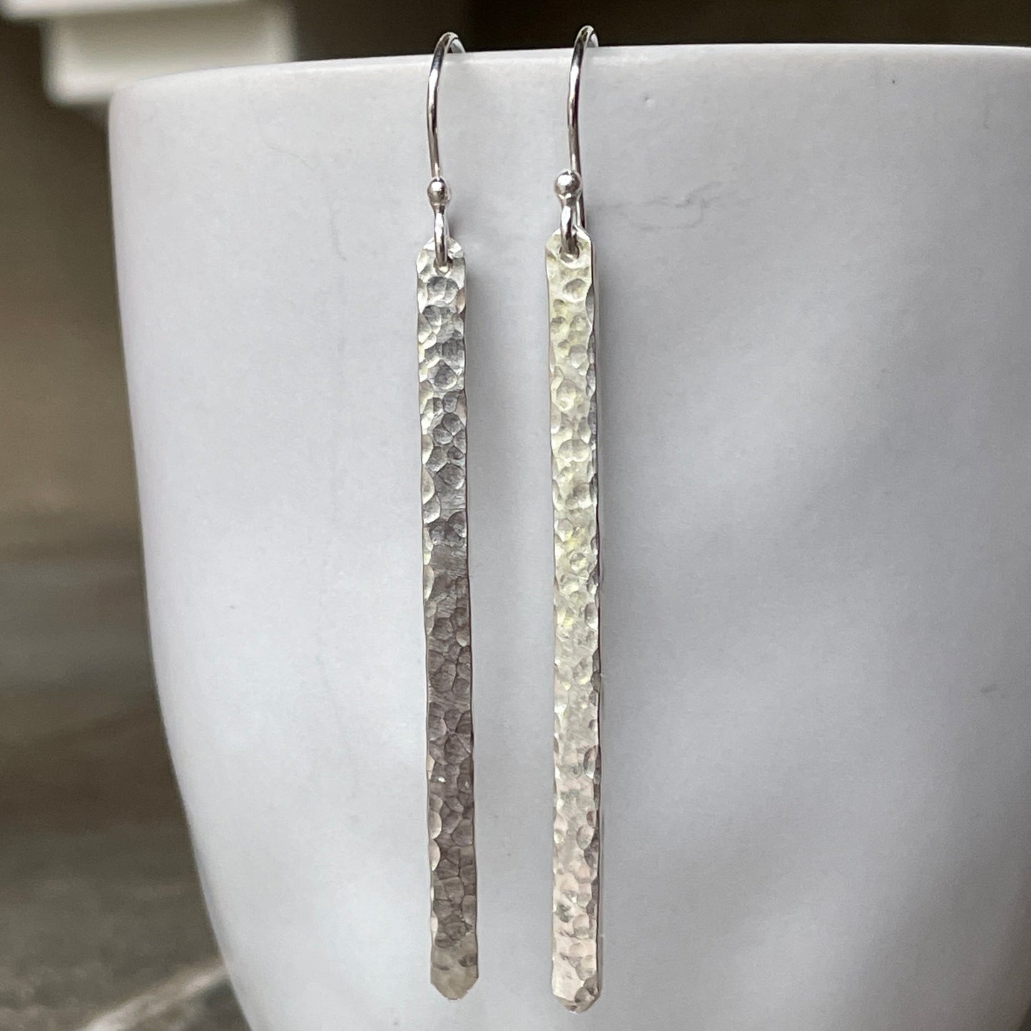 Long Hammered Bar Dangly Earrings | Sterling Silver | Handmade