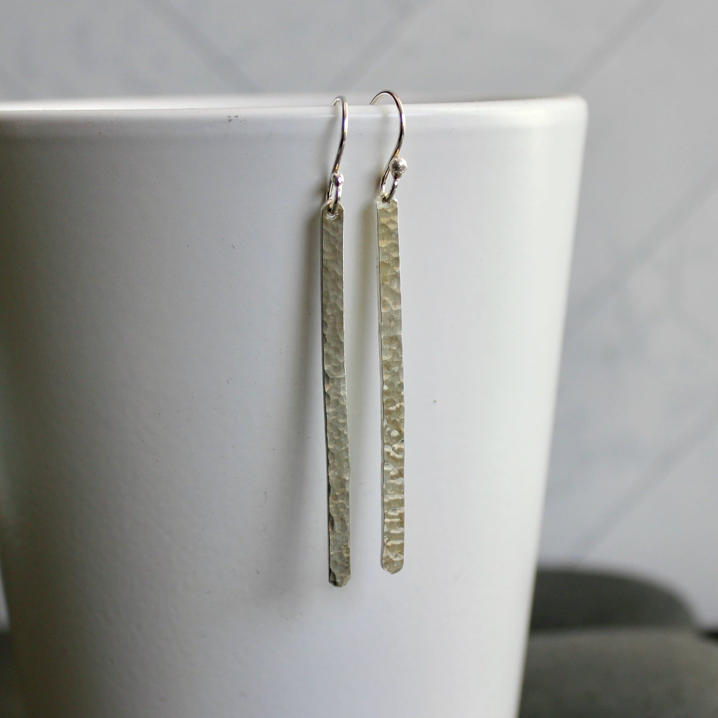 Long Hammered Bar Dangly Earrings | Sterling Silver | Handmade