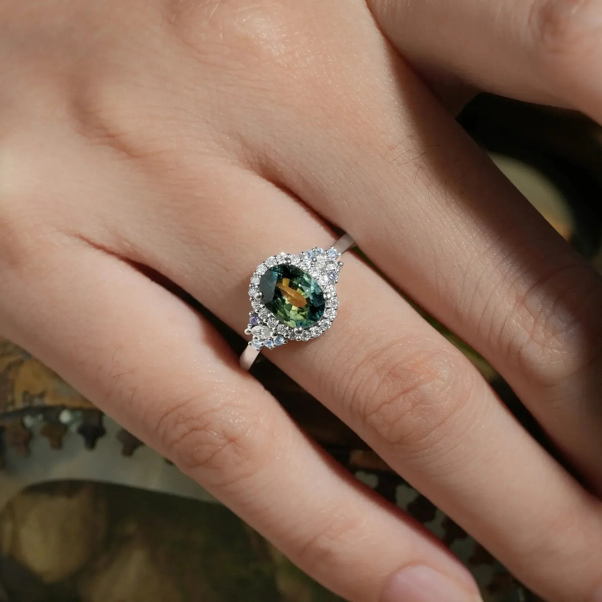 Thalassa’s Mirage | Oval Teal Sapphire Halo Vintage Engagement Ring