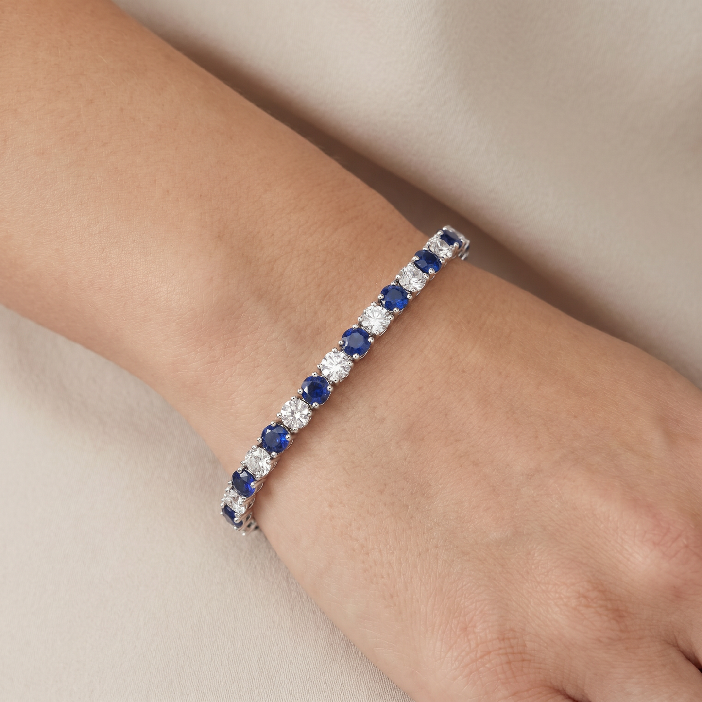 11.50Ct Blue Sapphire & Diamond Tennis Bracelet 7" 14k White Gold Lab Grown