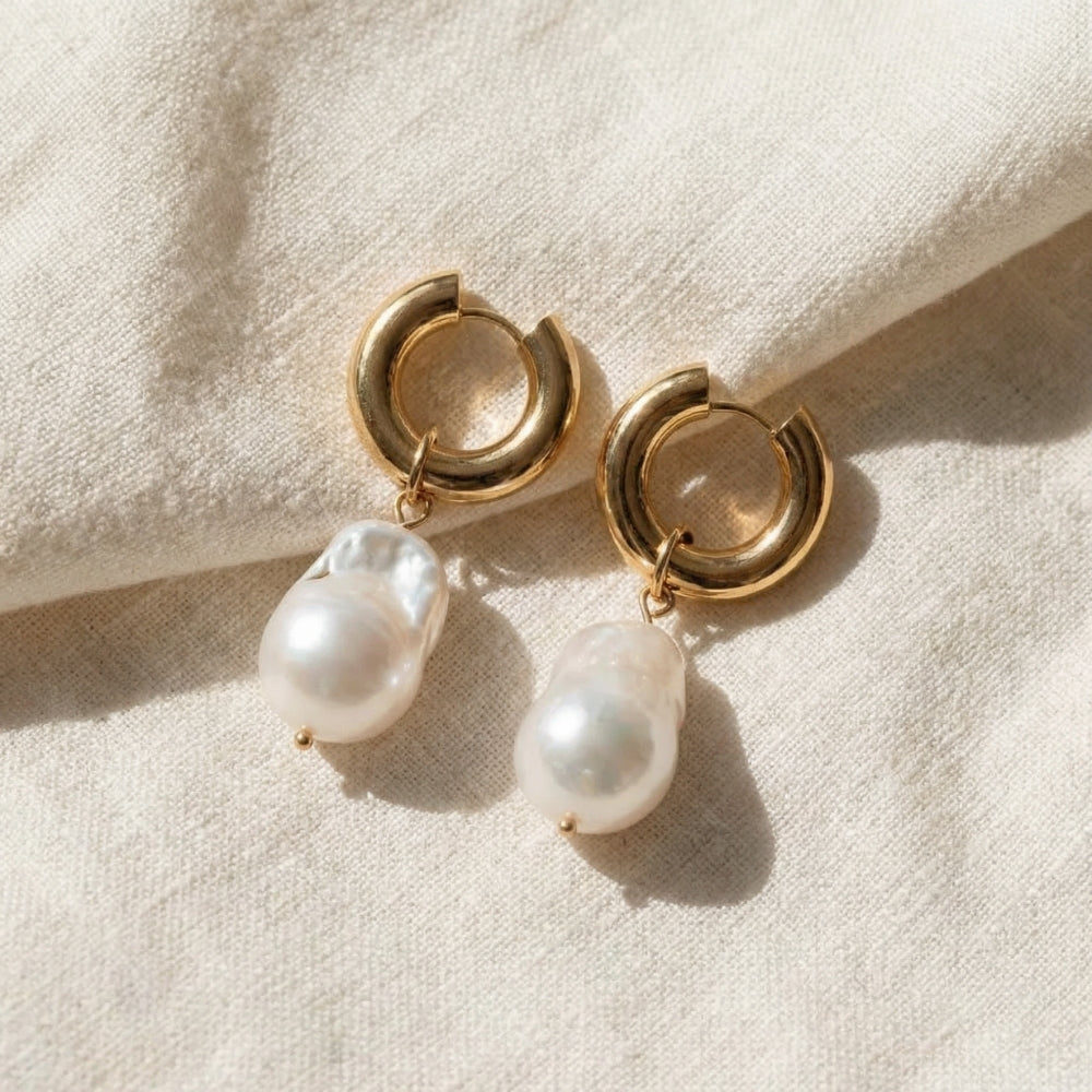 18k Yellow Gold Plated 2" Fresh Water Pearl Hoops