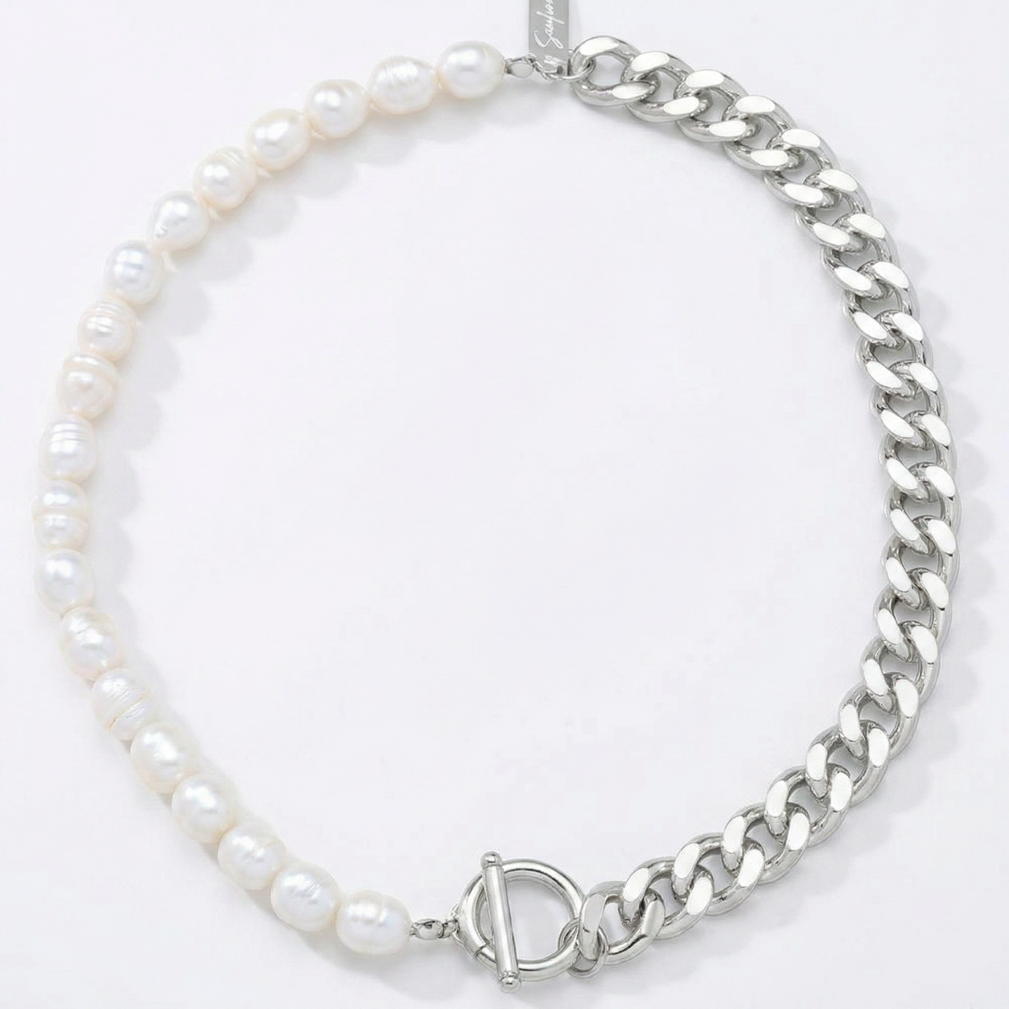 Fresh Water Pearl Half Curb Link Necklace 18" Toggle Clasp