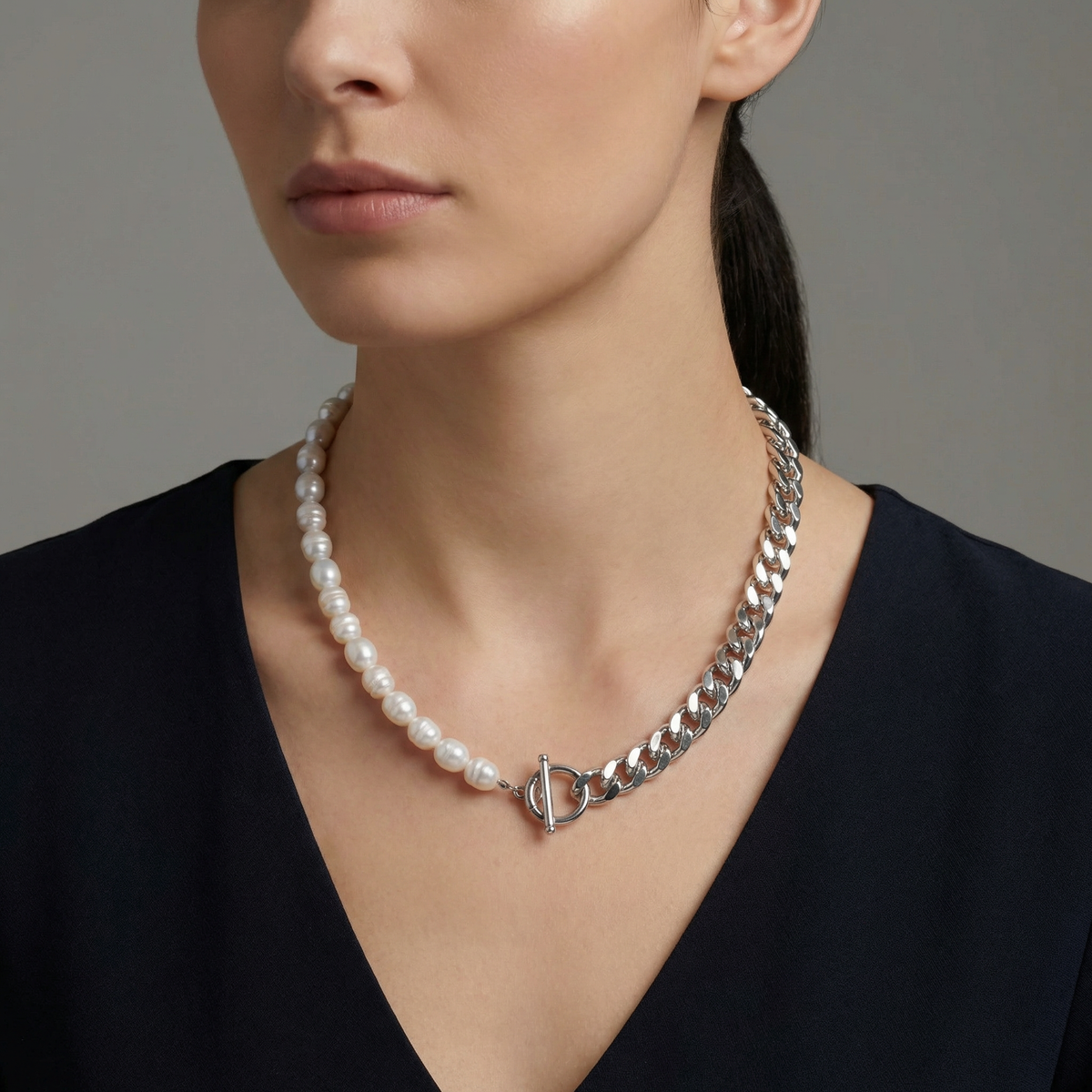 Fresh Water Pearl Half Curb Link Necklace 18" Toggle Clasp