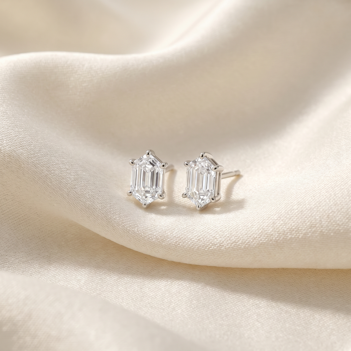 Certified 1Ct TW Long Hexagon Diamond Studs 14k White Gold Earrings Lab Grown