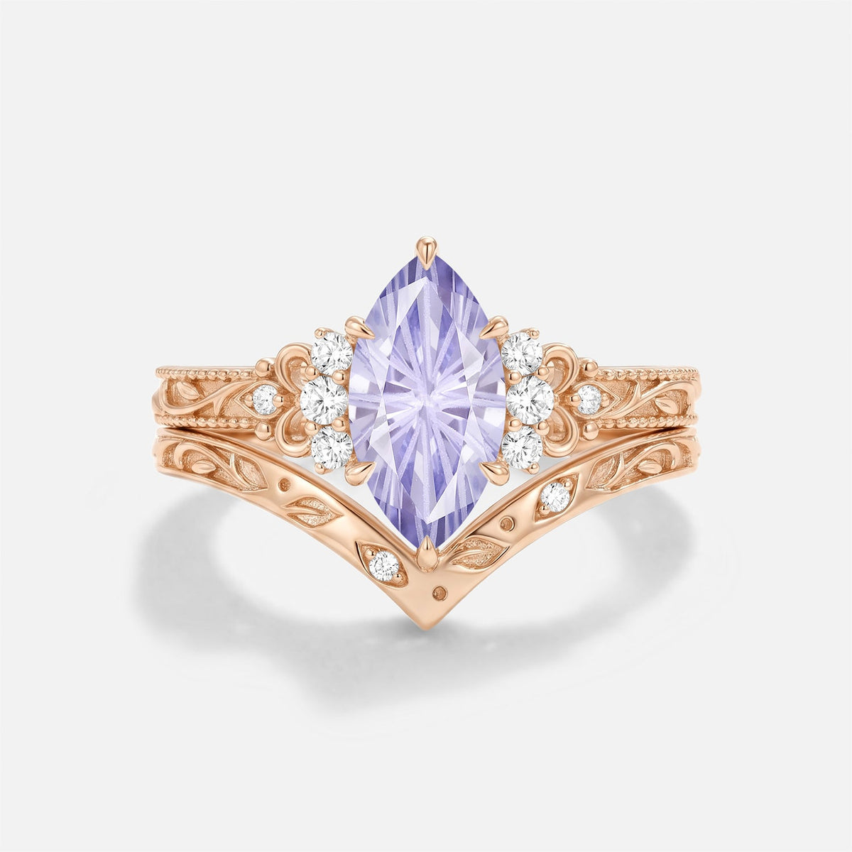 Marquise Firework Lab Lavender Sapphire Engraved Engagement Ring Set 2pcs - Rosalind