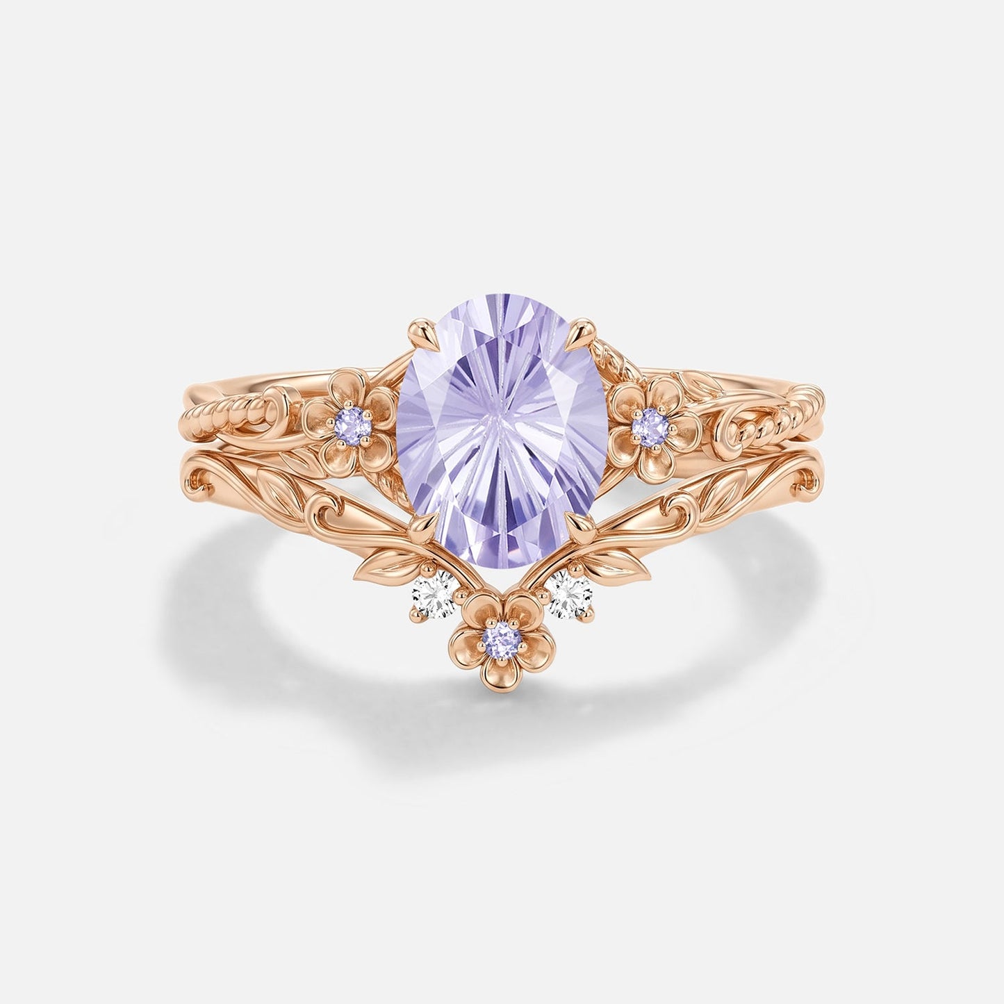Oval Shaped Firework Lab Lavender Sapphire Flower Engagement Ring Set 2pcs - Meridian