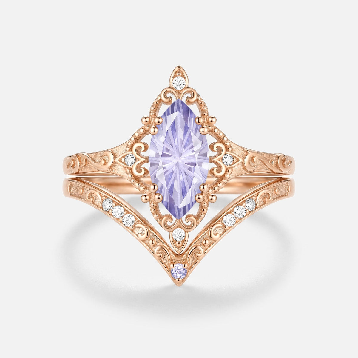 Marquise Engraved Firework Lab Lavender Sapphire Engagement Ring Sets 2pcs - Gwendolyn