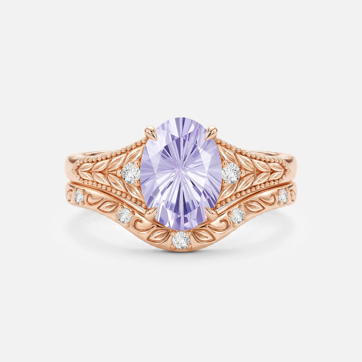 Oval Firework Lab Lavender Sapphire Leafy Engagement Ring Sets 2pcs - Phoebe