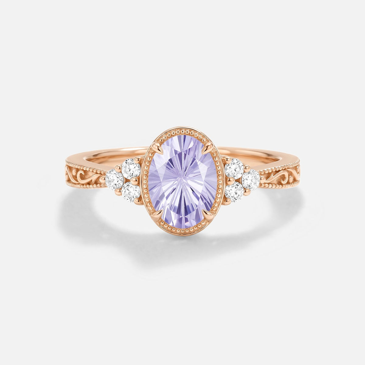 Oval Engraved Firework Lab Lavender Sapphire Bezel Engagement Ring - Ilara