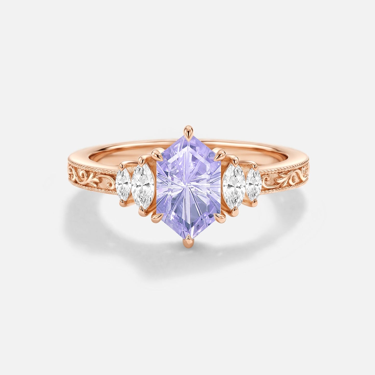 Firework Cut Lab Lavender Sapphire Hexagon Engagement Ring - Thessaly