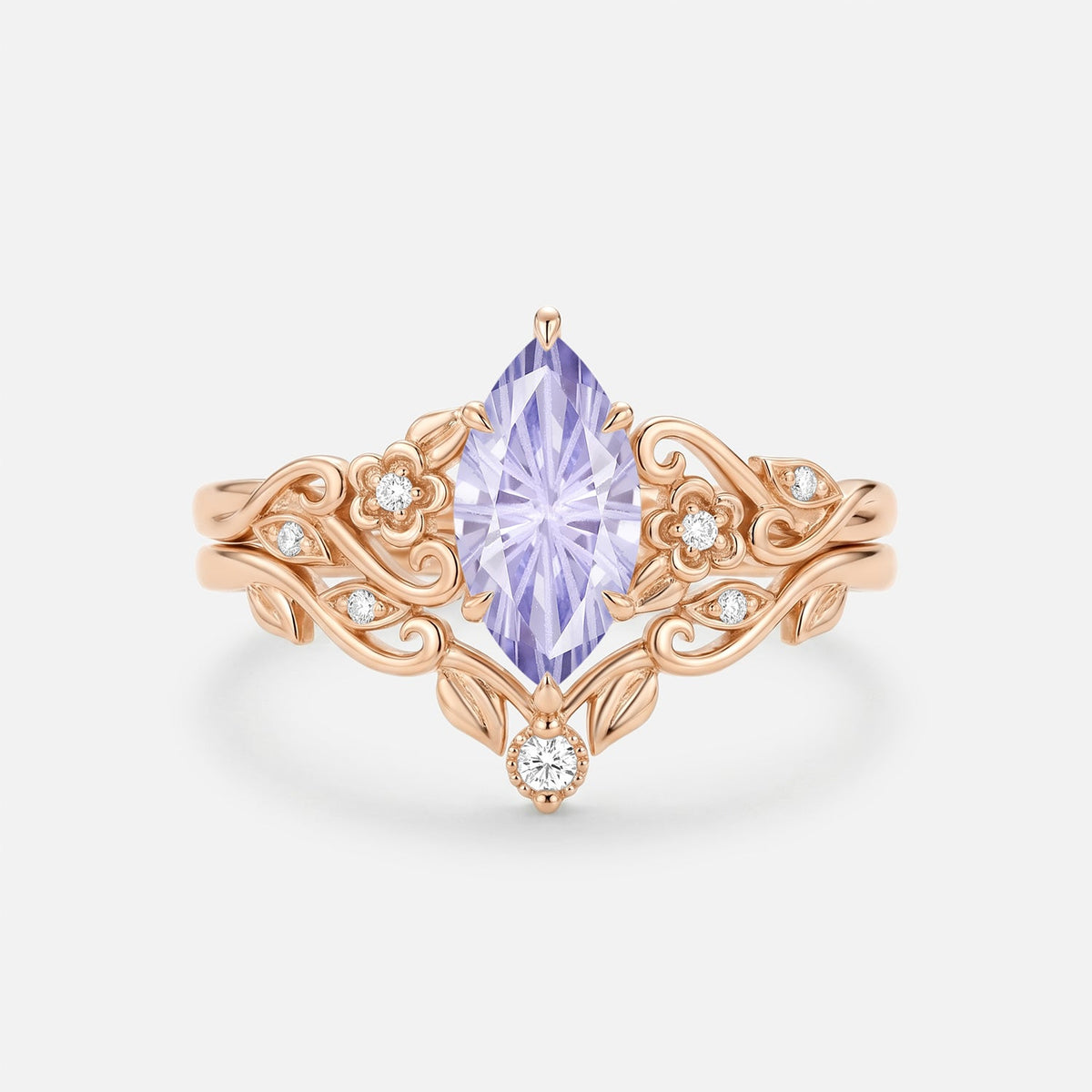 Marquise Firework Flower Lab Lavender Sapphire Engagement Ring Sets 2pcs - Jessamine