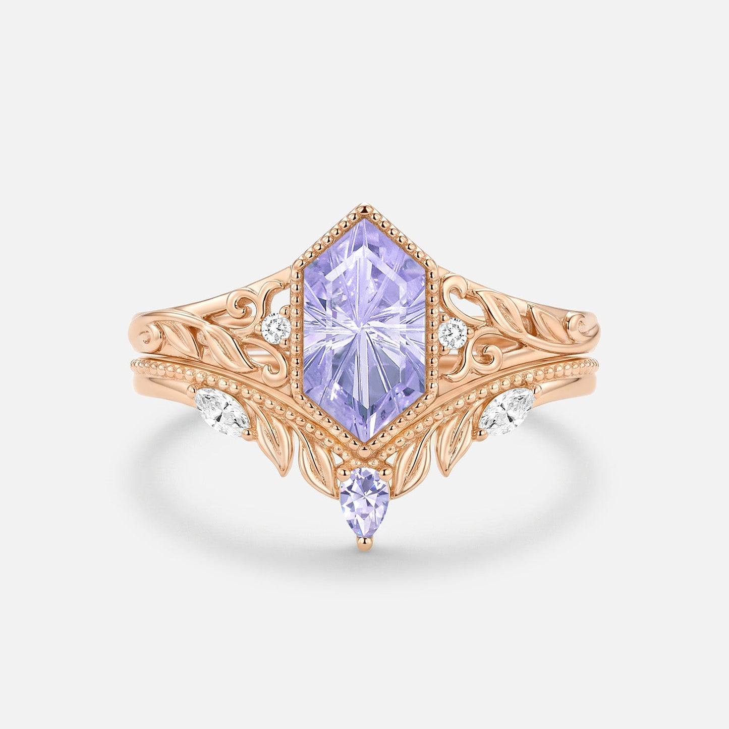 Elongated Hexagon Firework Cut Lab Lavender Sapphire Engagement Ring Set 2pcs-Margaux