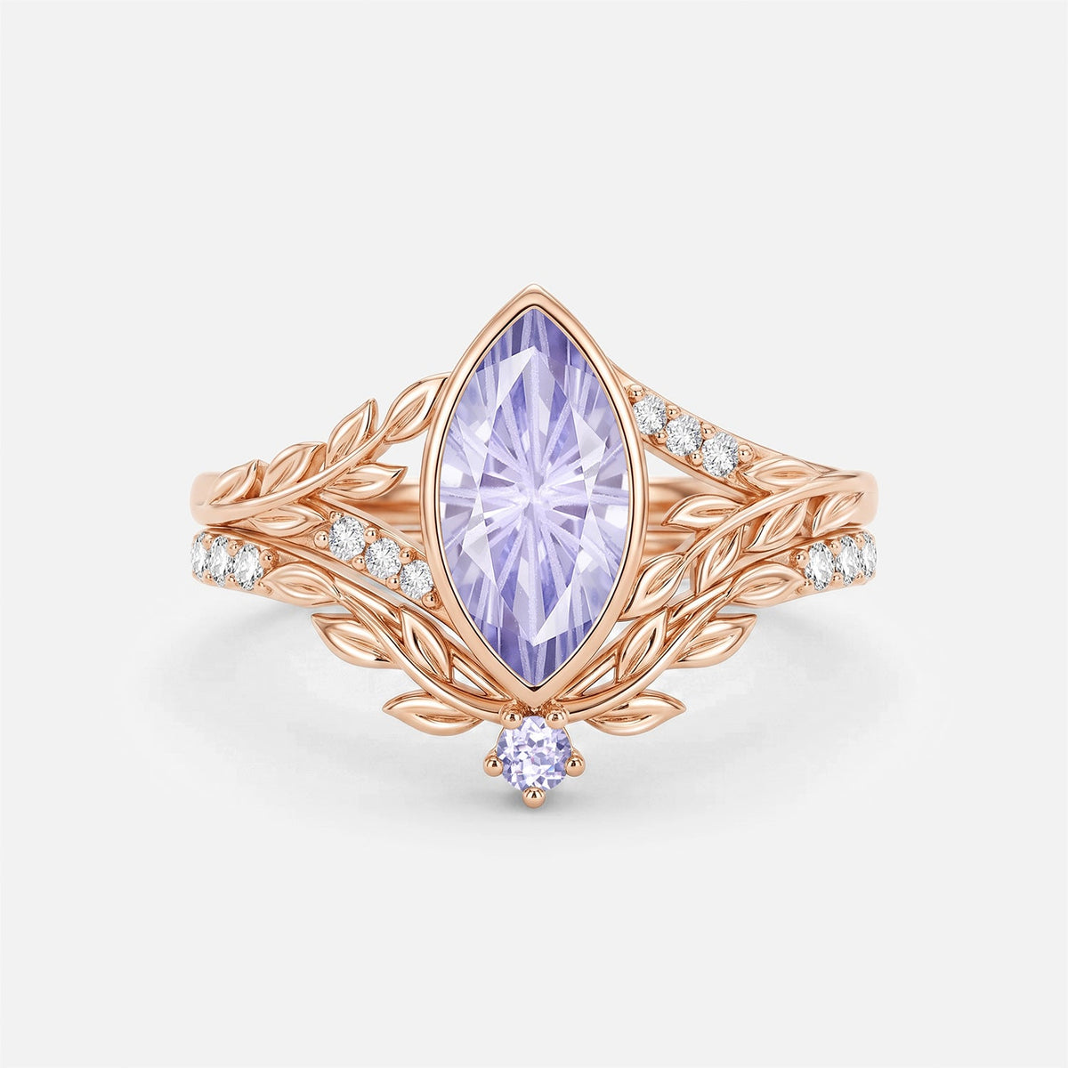 Marquise Cut Firework Lab Lavender Sapphire Bezel Leafy Engagement Ring Sets 2pcs - Nala