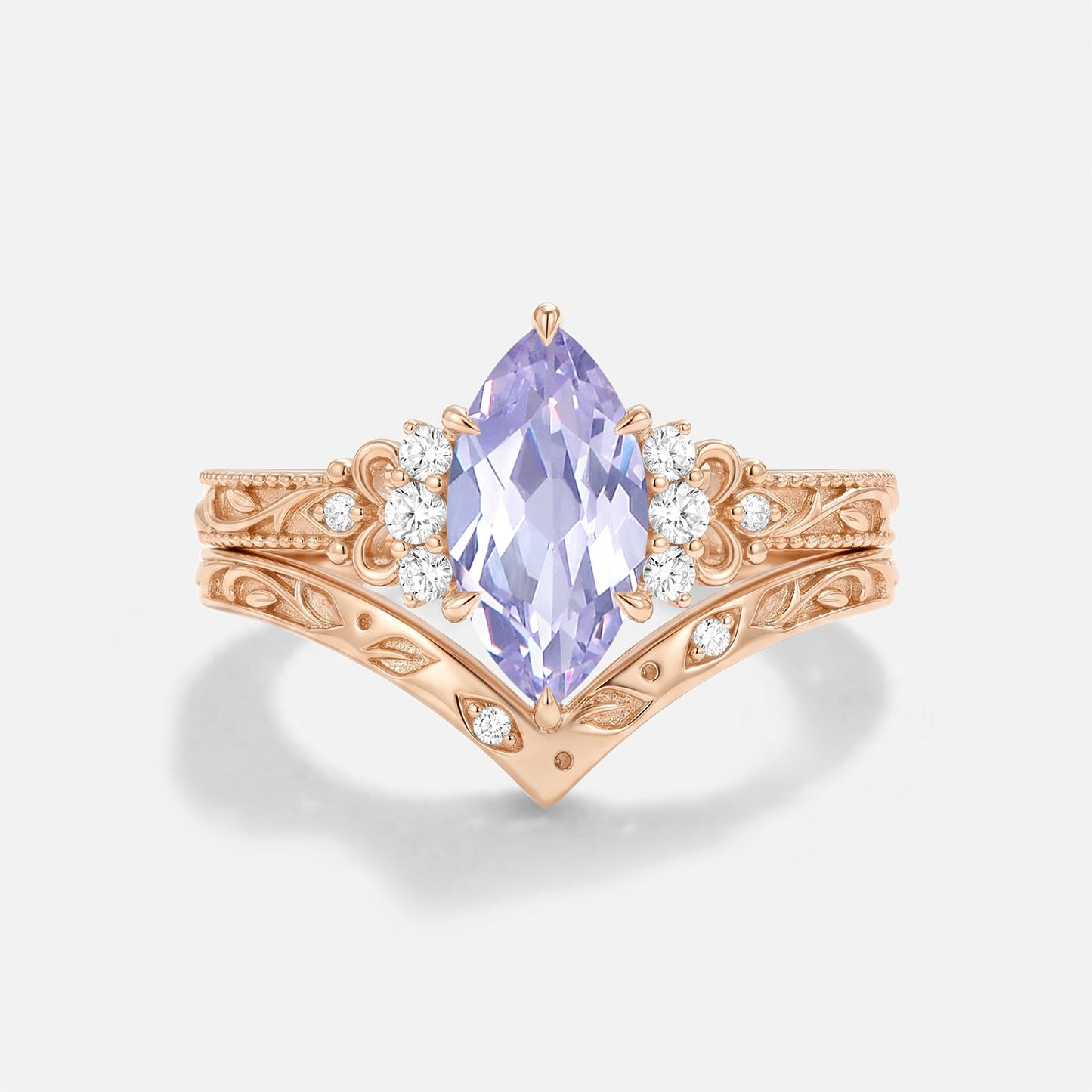 Marquise Lab Lavender Sapphire Engraved Engagement Ring Set 2pcs - Rosalind