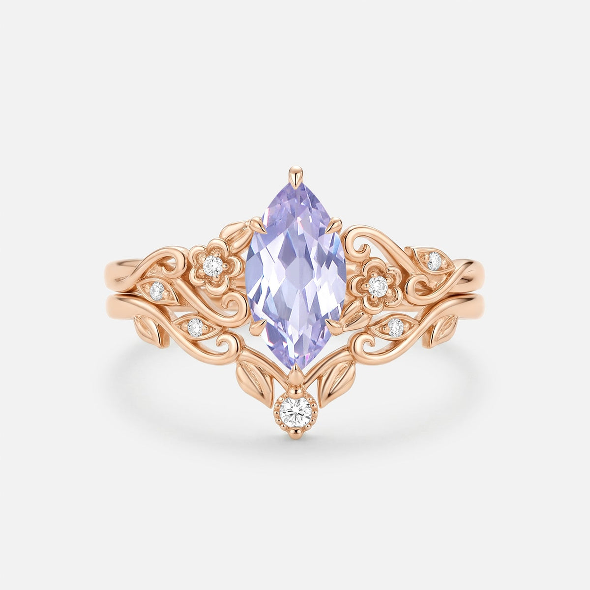 Marquise Flower Lab Lavender Sapphire Engagement Ring Sets 2pcs - Jessamine