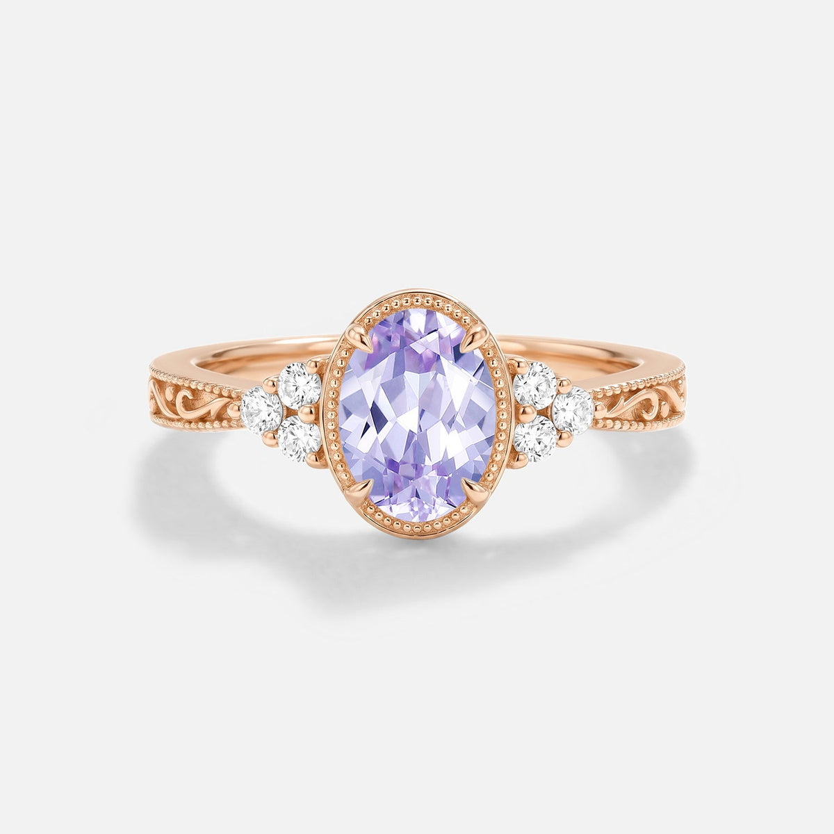Oval Engraved Lab Lavender Sapphire Bezel Engagement Ring - Ilara