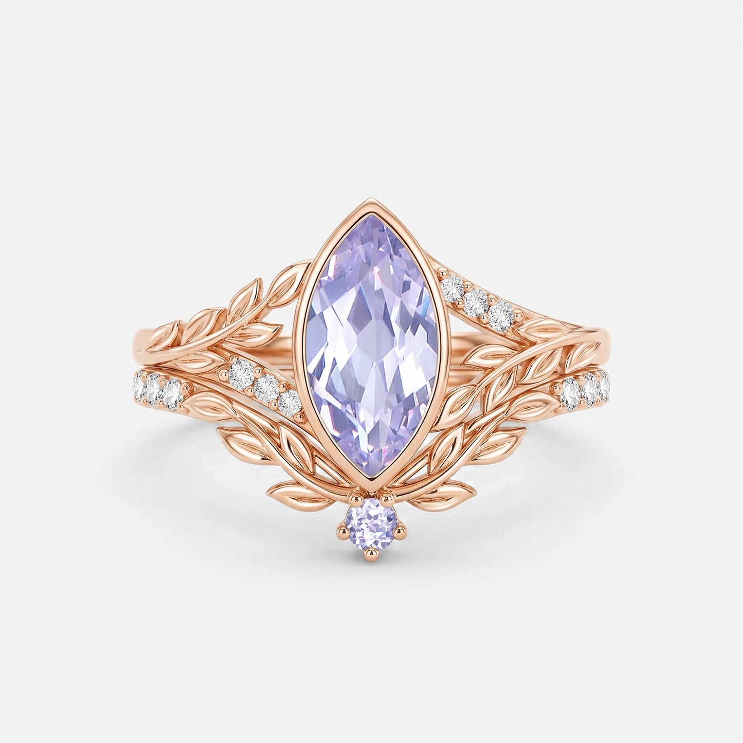 Marquise Cut Lab Lavender Sapphire Bezel Leafy Engagement Ring Sets 2pcs - Nala