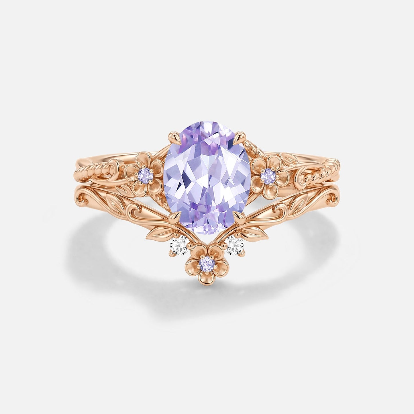 Oval Shaped Lab Lavender Sapphire Flower Engagement Ring Set 2pcs - Meridian