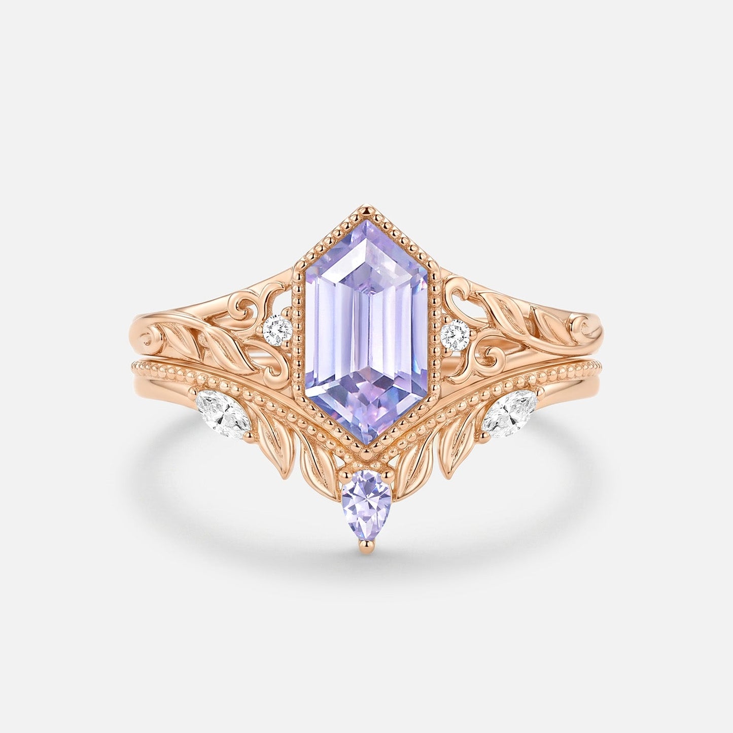 Elongated Hexagon Lab Lavender Sapphire Engagement Ring Set 2pcs-Margaux