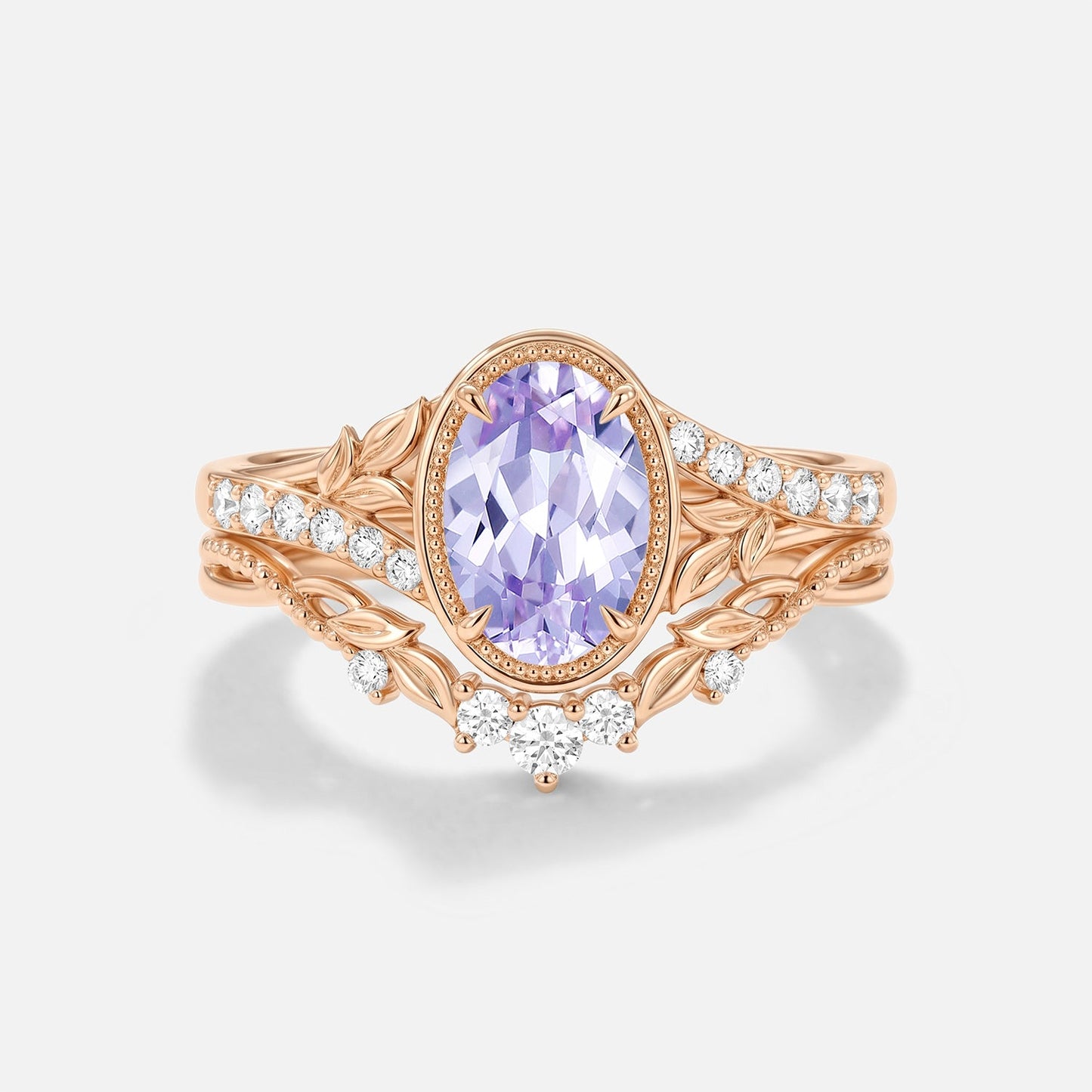 Oval Lab Lavender Sapphire Bezel Leafy Engagement Ring Sets 2pcs - Hollis