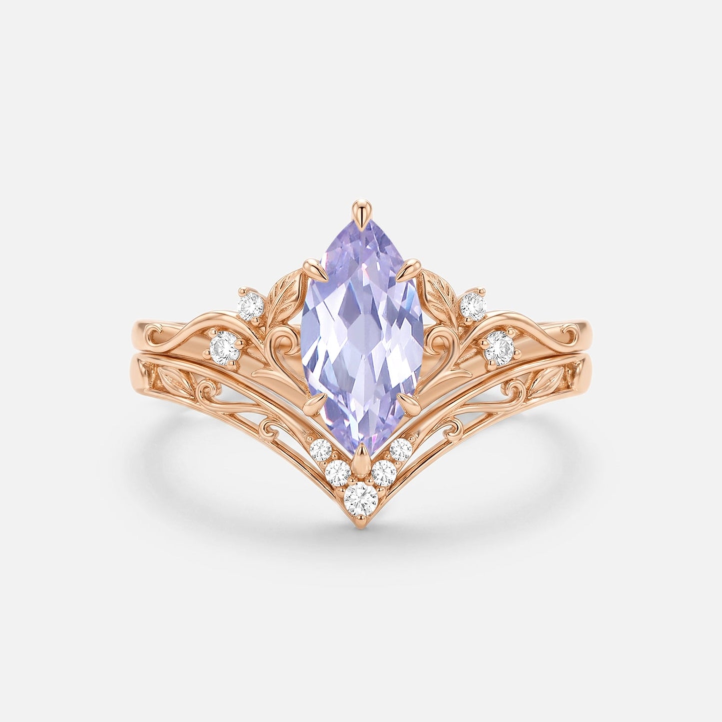 Marquise Leafy Lab Lavender Sapphire Engagement Ring Sets 2pcs - Wisteria