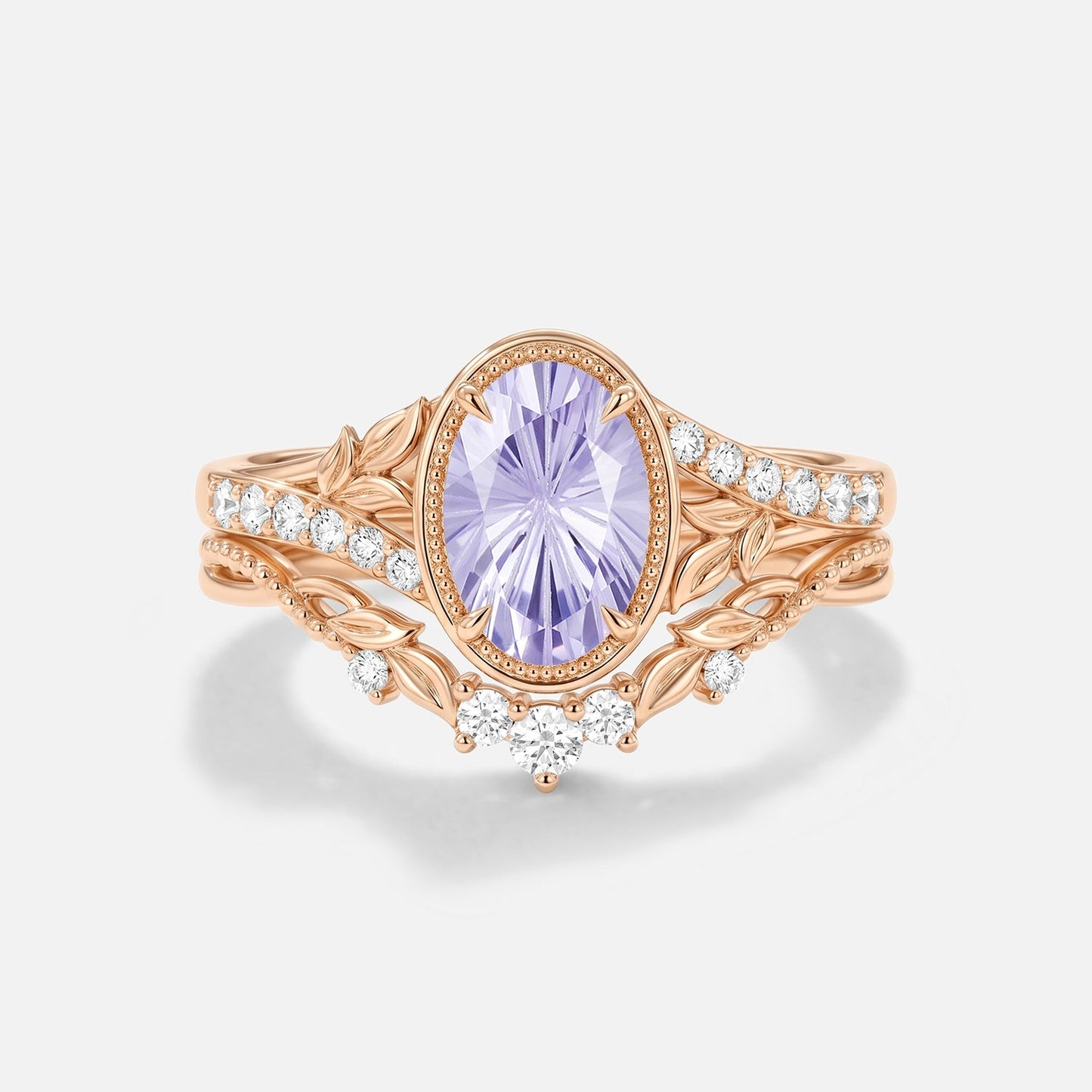 Firework Cut Oval Lab Lavender Sapphire Bezel Leafy Engagement Ring Sets 2pcs - Hollis