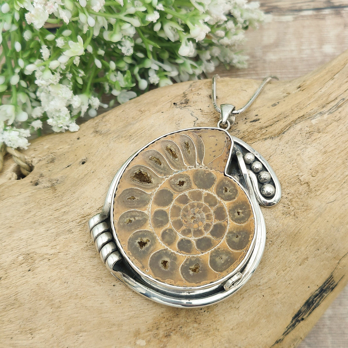 Madagascan Ammonite Pendant | 60mm Fossil | Ornate Setting | Sterling Silver