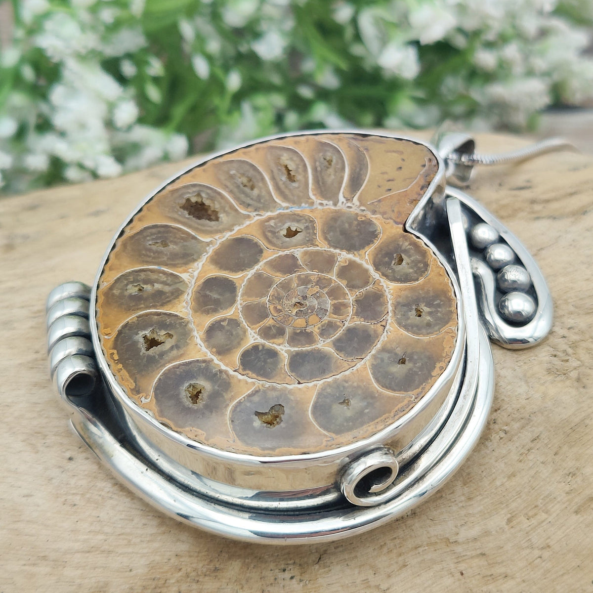 Madagascan Ammonite Pendant | 60mm Fossil | Ornate Setting | Sterling Silver
