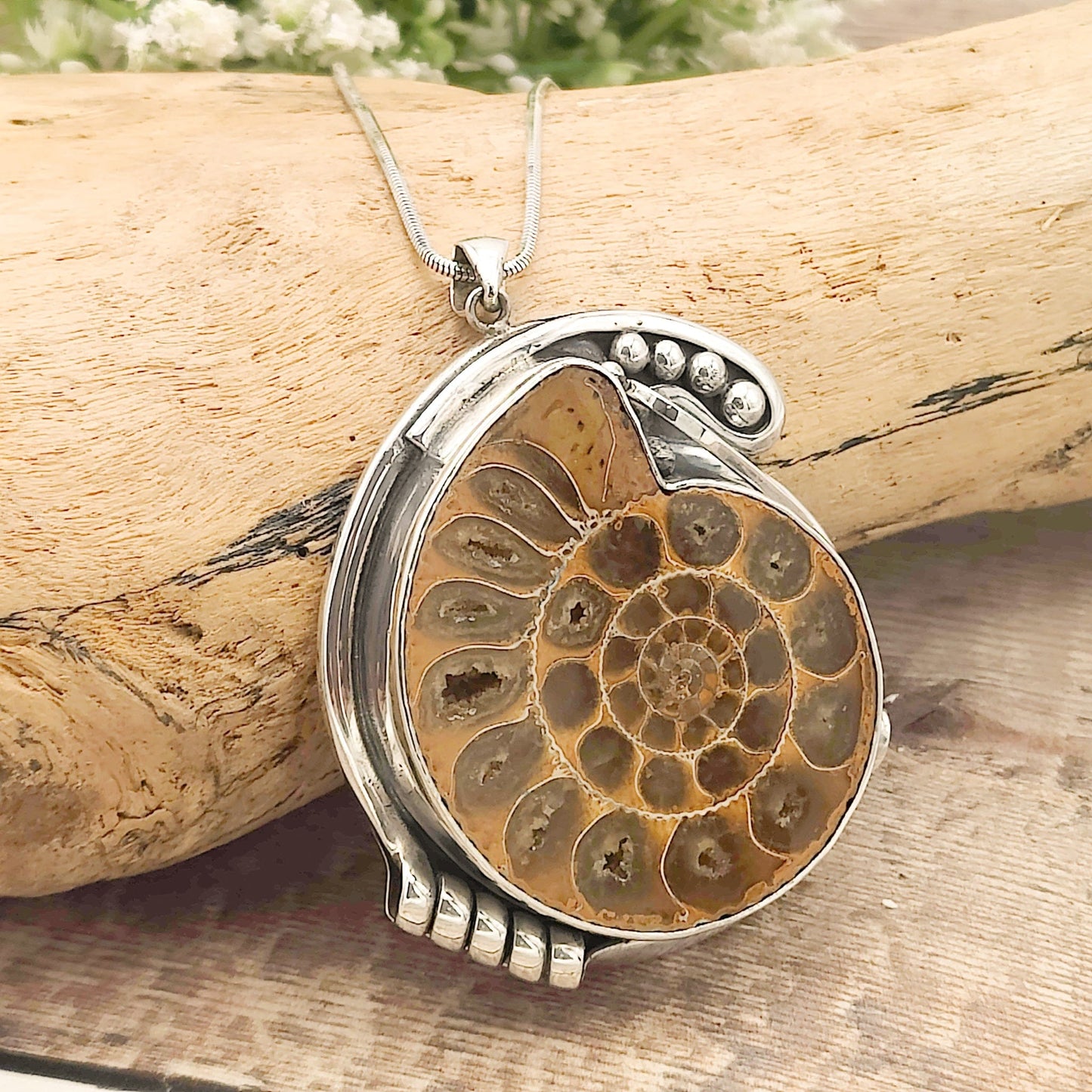 Madagascan Ammonite Pendant | 60mm Fossil | Ornate Setting | Sterling Silver