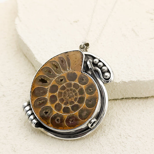 Madagascan Ammonite Pendant | 60mm Fossil | Ornate Setting | Sterling Silver