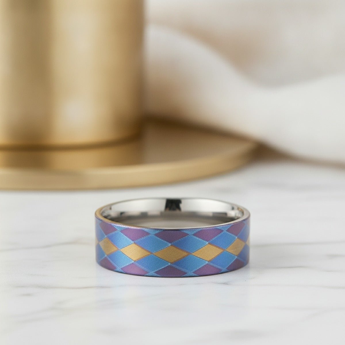 MAJESTIC | Flat Titanium Ring, Purple Blue Gold Diamond Pattern