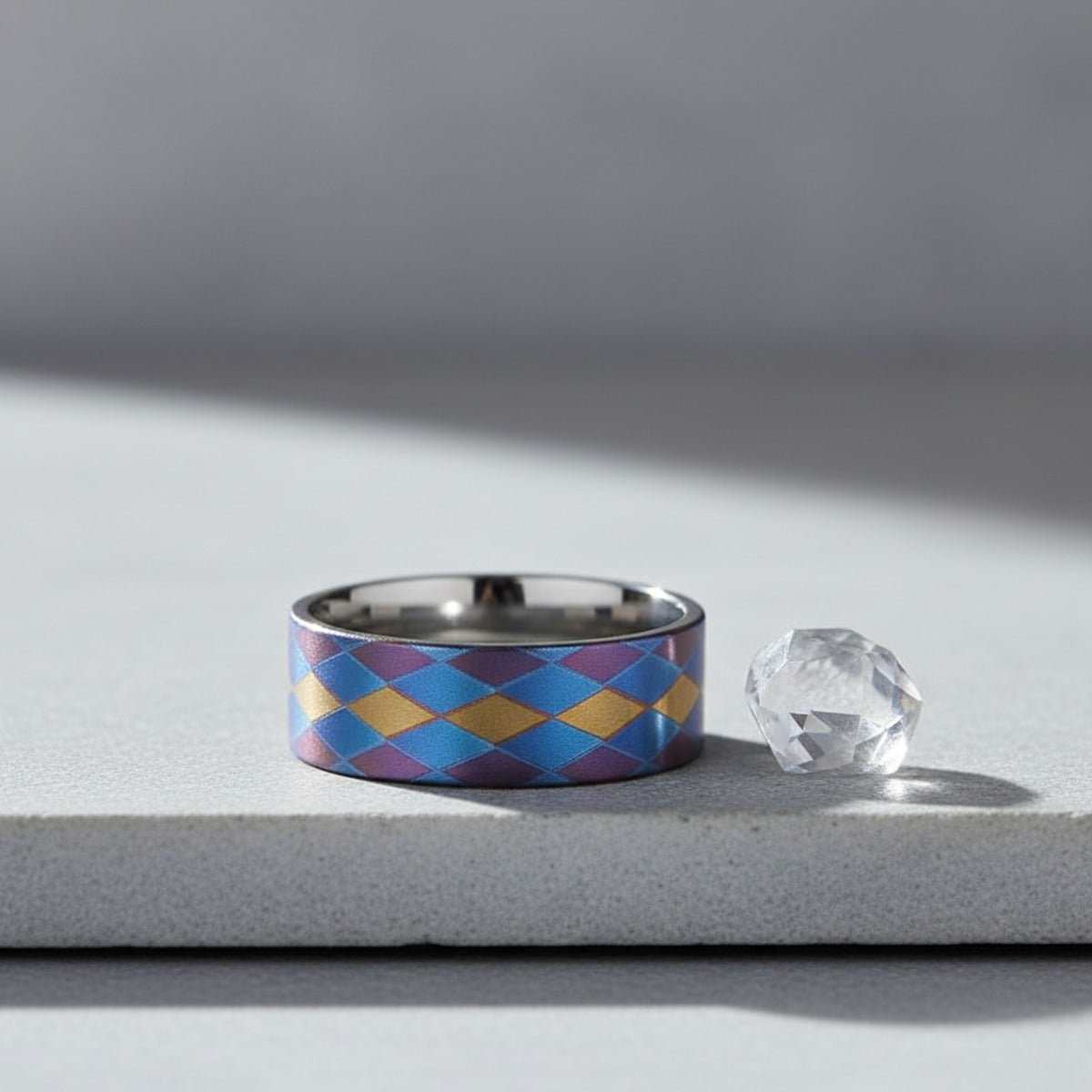 MAJESTIC | Flat Titanium Ring, Purple Blue Gold Diamond Pattern